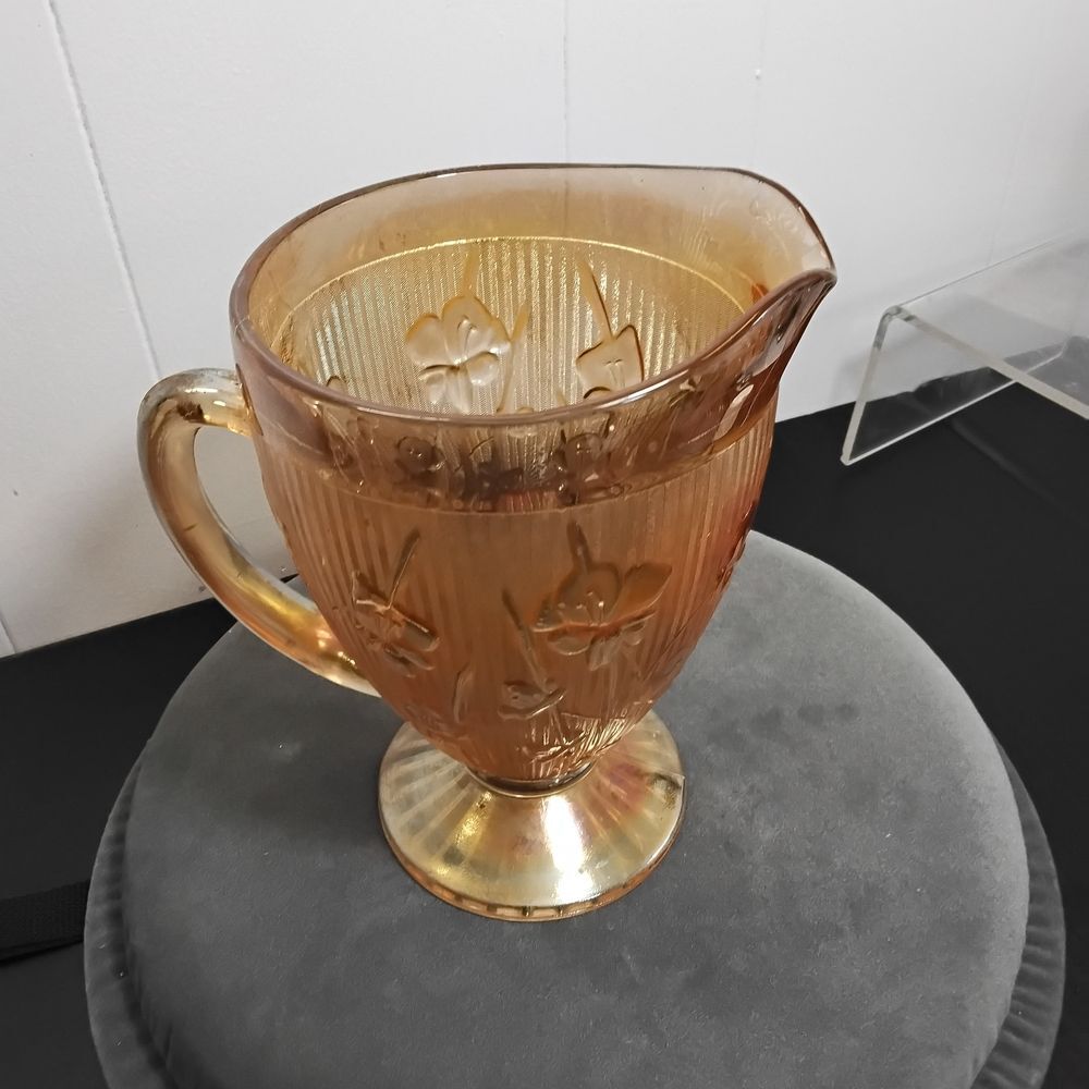 Vintage Jeanette Iris  Amber Glass Pitcher